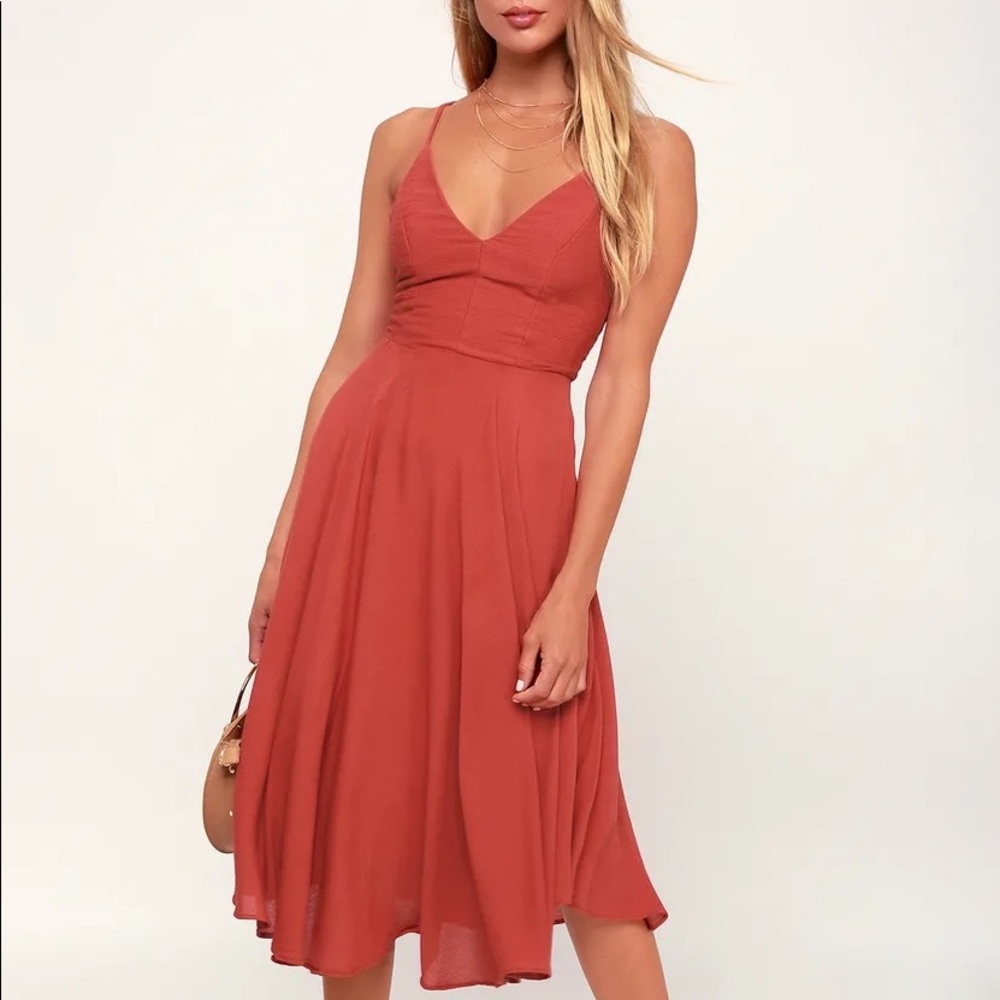 Lulu’s Troulos Rust Red Lace-Up Midi Dress